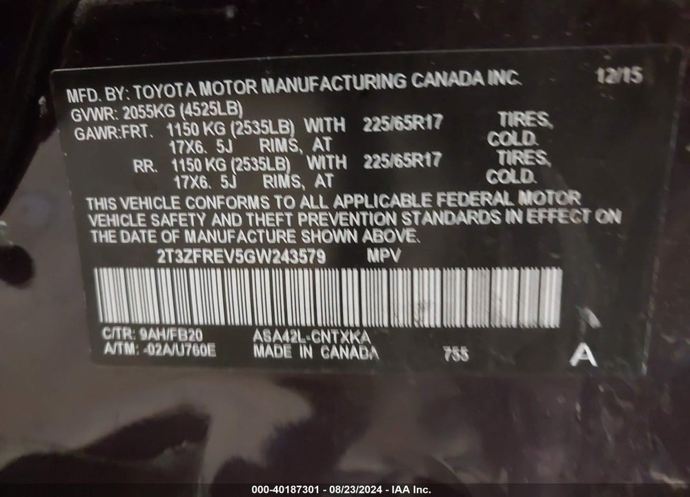 2016 TOYOTA RAV4 LE VIN: 2T3ZFREV5GW243579