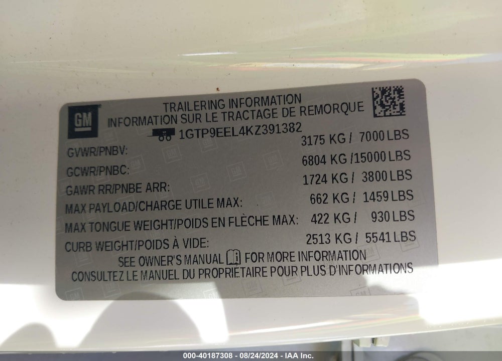2019 GMC SIERRA 1500 AT4 VIN: 1GTP9EEL4KZ391382