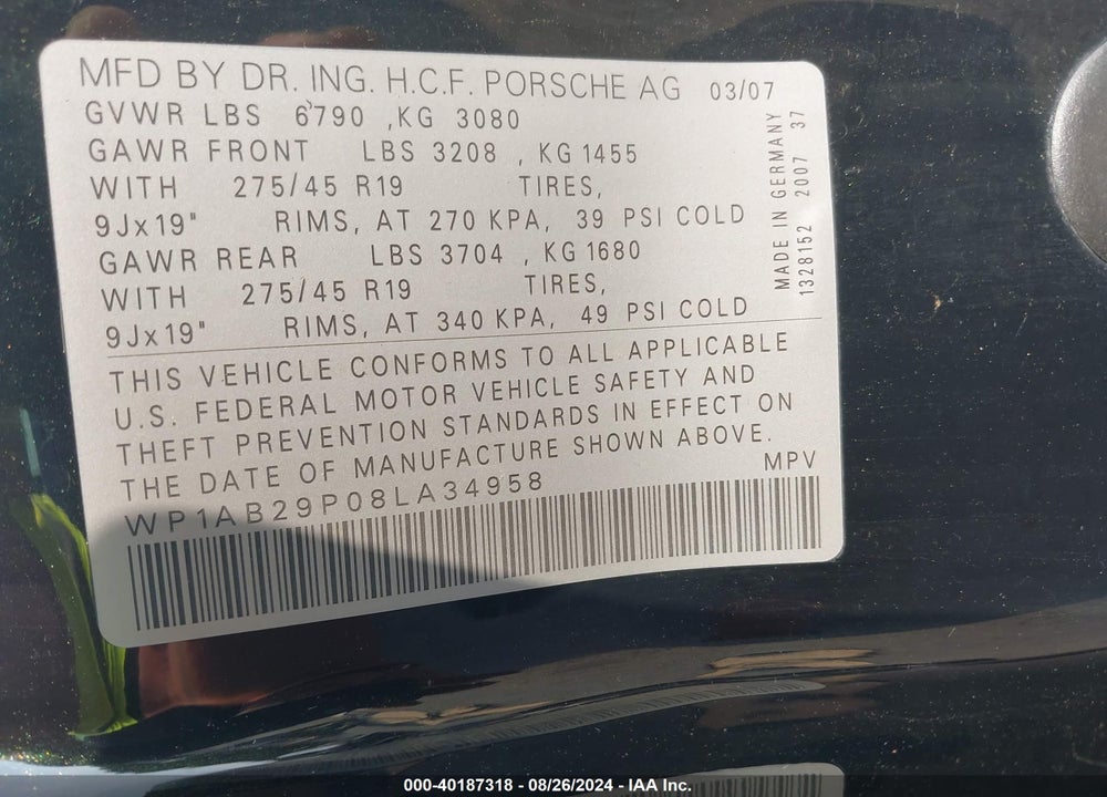 2008 PORSCHE CAYENNE S VIN: WP1AB29P08LA34958