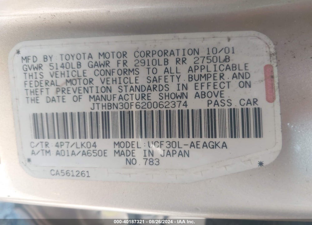 2002 LEXUS LS 430 VIN: JTHBN30F620062374