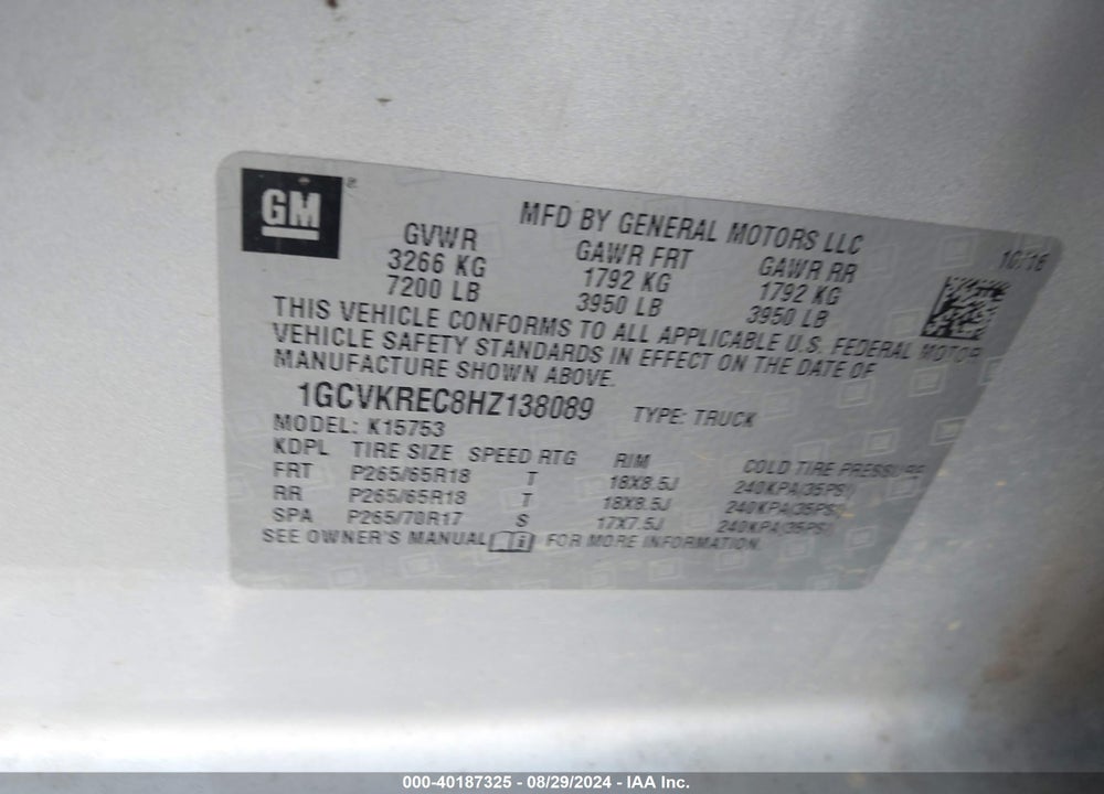 2017 CHEVROLET SILVERADO 1500 2LT VIN: 1GCVKREC8HZ138089