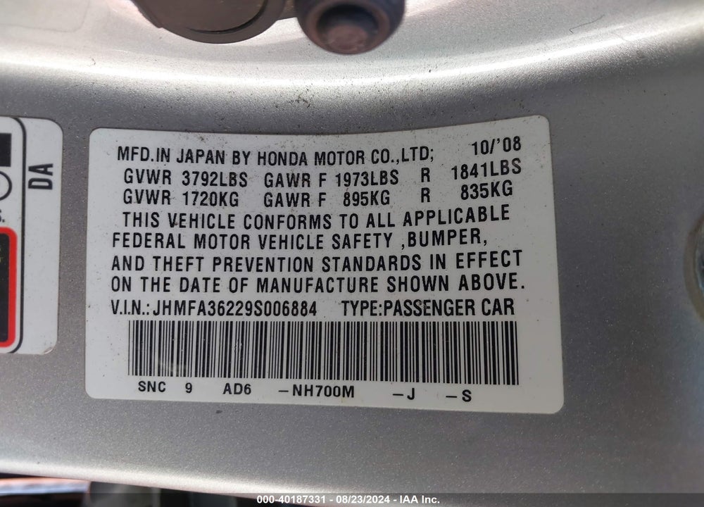 2009 HONDA CIVIC HYBRID VIN: JHMFA36229S006884