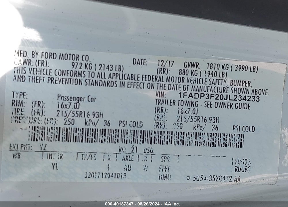 2018 FORD FOCUS SE VIN: 1FADP3F20JL234233