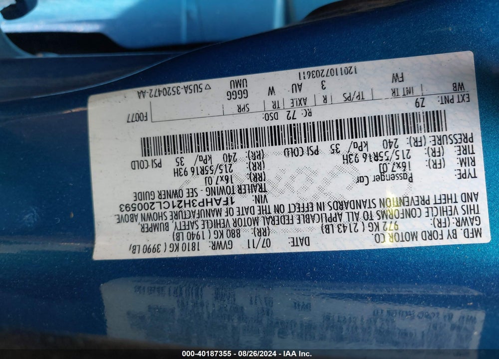 2012 FORD FOCUS VIN: 1FAHP3H21CL200593