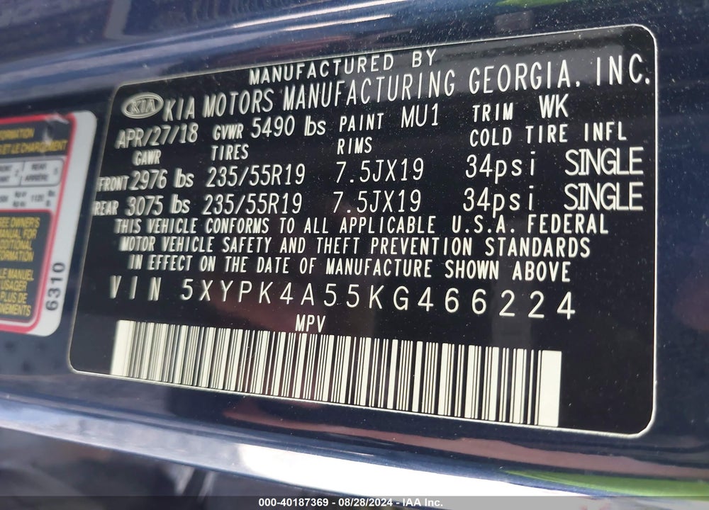 2019 KIA SORENTO VIN: 5XYPK4A55KG466224