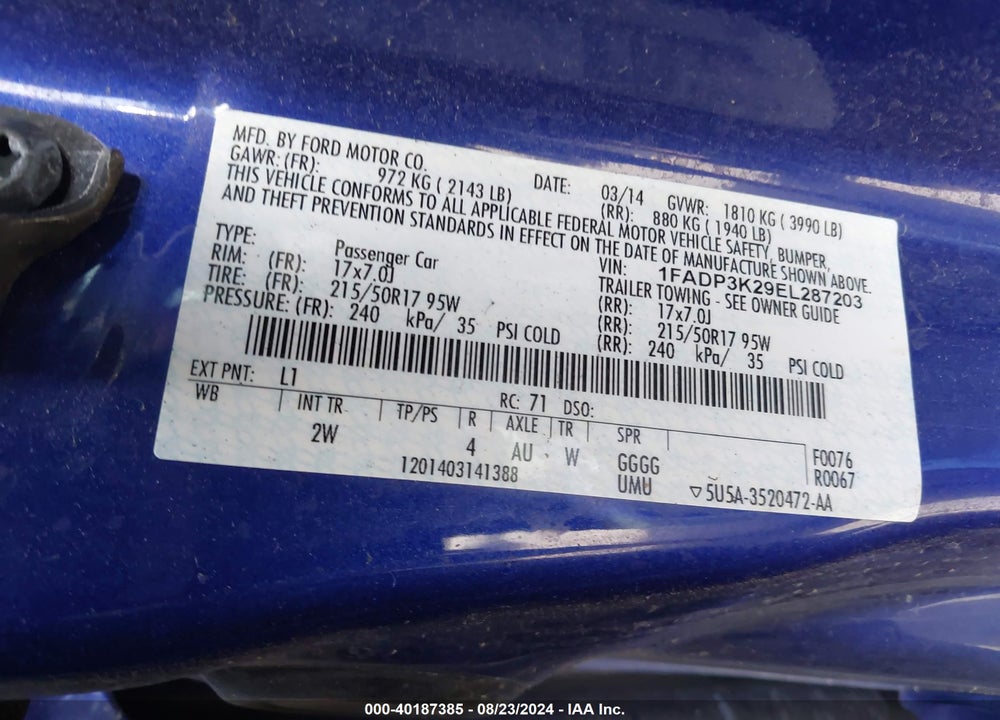2014 FORD FOCUS SE VIN: 1FADP3K29EL287203