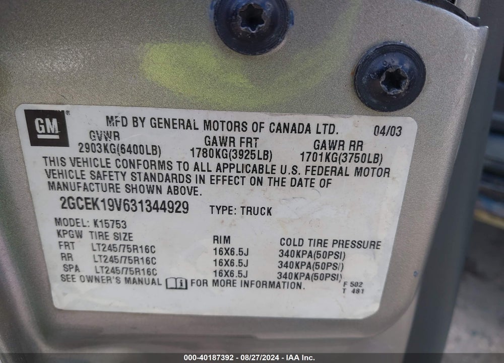 2003 CHEVROLET SILVERADO 1500 VIN: 2GCEK19V631344929