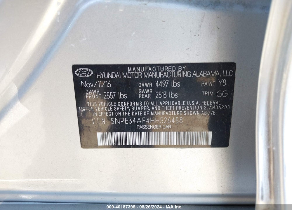 2017 HYUNDAI SONATA SPORT VIN: 5NPE34AF4HH526458
