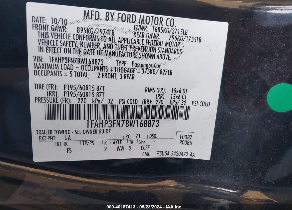 2011 FORD FOCUS SE VIN: 1FAHP3FN7BW168873