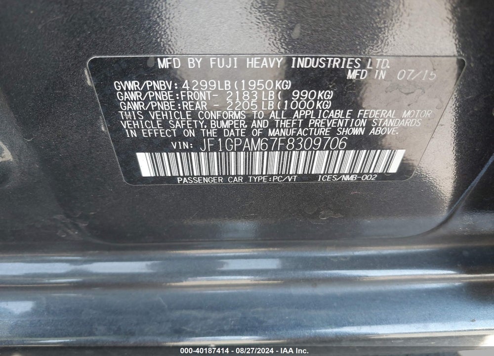 2015 SUBARU IMPREZA 2.0I LIMITED VIN: JF1GPAM67F8309706