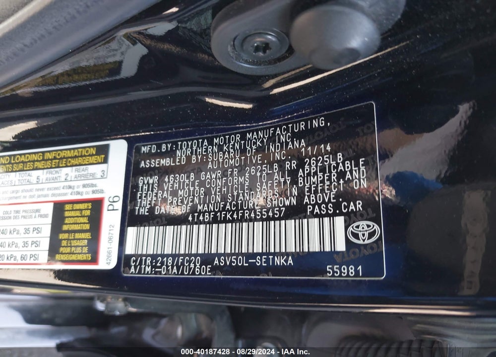 2015 TOYOTA CAMRY LE VIN: 4T4BF1FK4FR455457