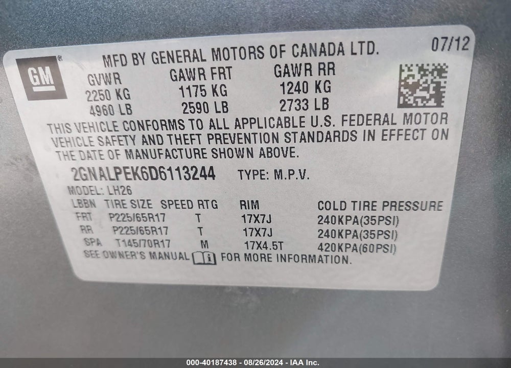 2013 CHEVROLET EQUINOX 2LT VIN: 2GNALPEK6D6113244
