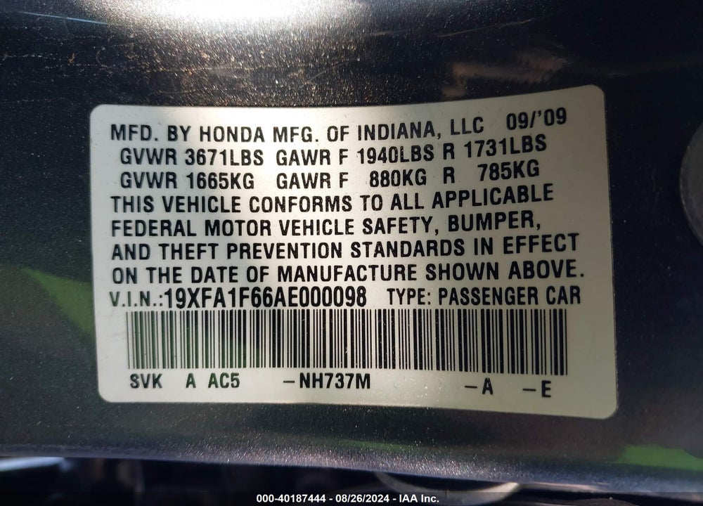 2010 HONDA CIVIC LX-S VIN: 19XFA1F66AE000098