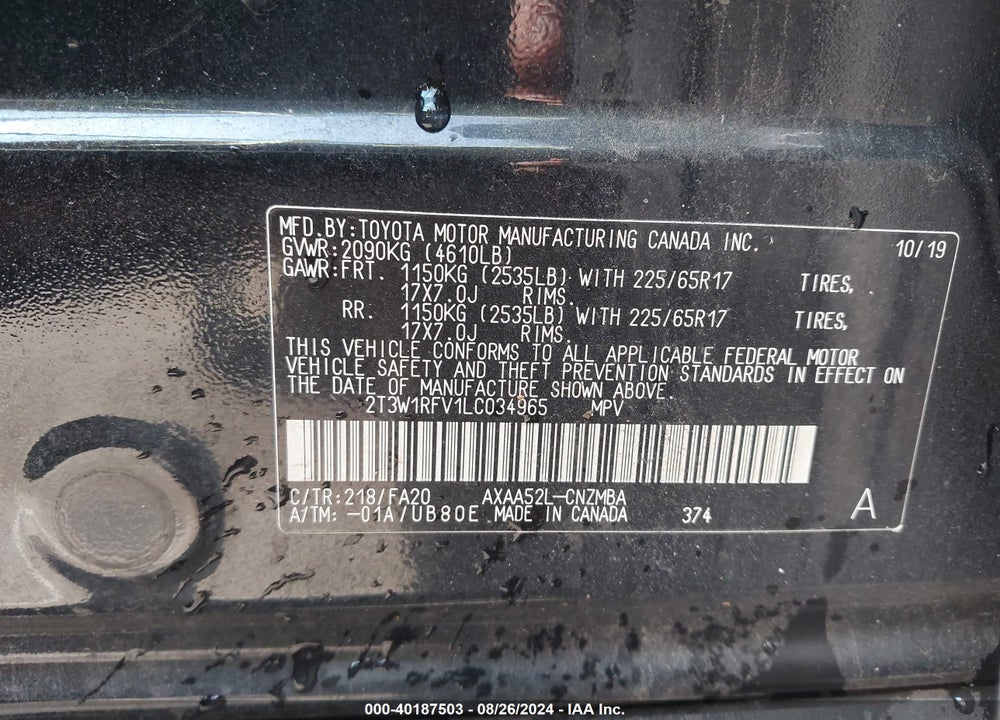 2020 TOYOTA RAV4 XLE VIN: 2T3W1RFV1LC034965