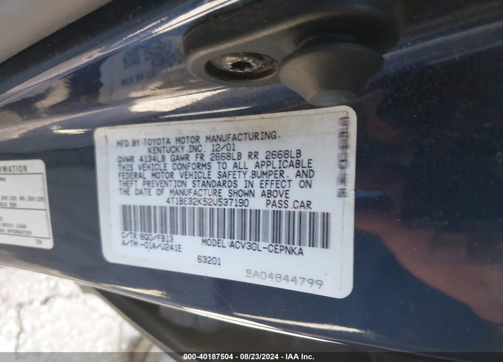 2002 TOYOTA CAMRY VIN: 4T1BE32K52U537190