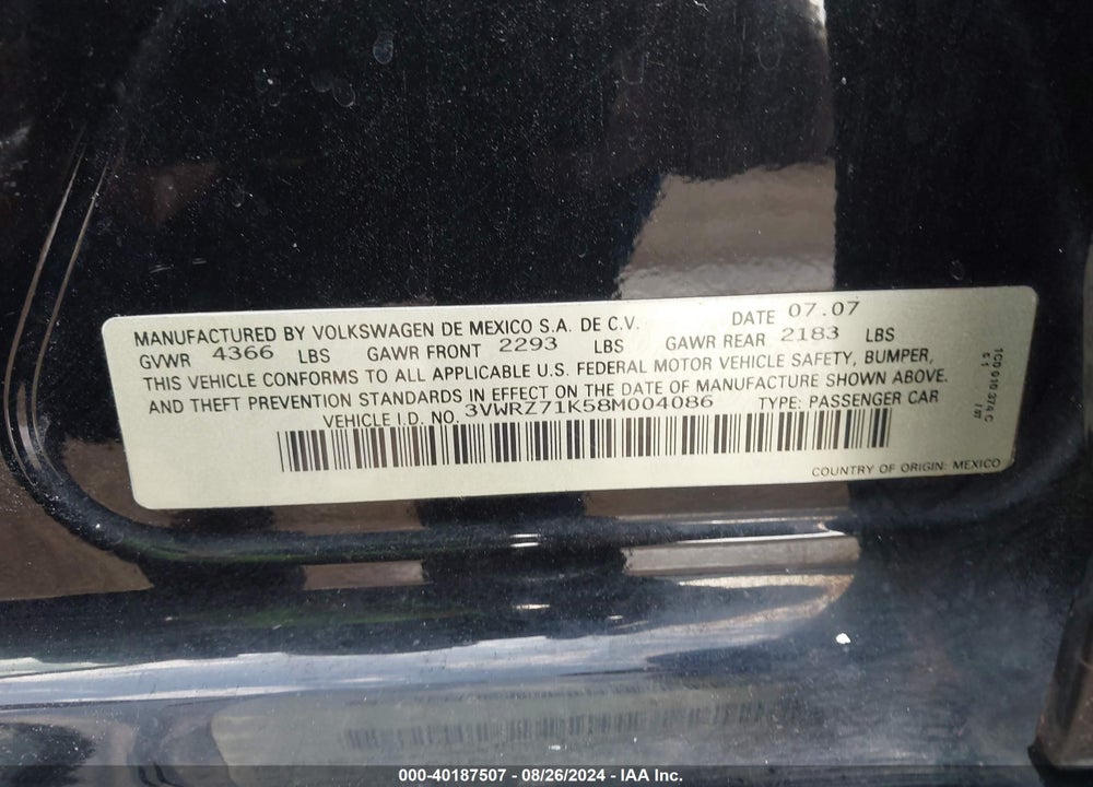 2008 VOLKSWAGEN JETTA SE/SEL VIN: 3VWRZ71K58M004086