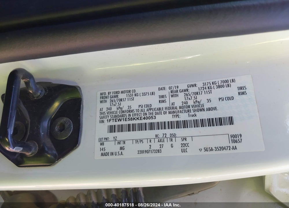 2019 FORD F-150 XLT VIN: 1FTEW1E58KKE40053
