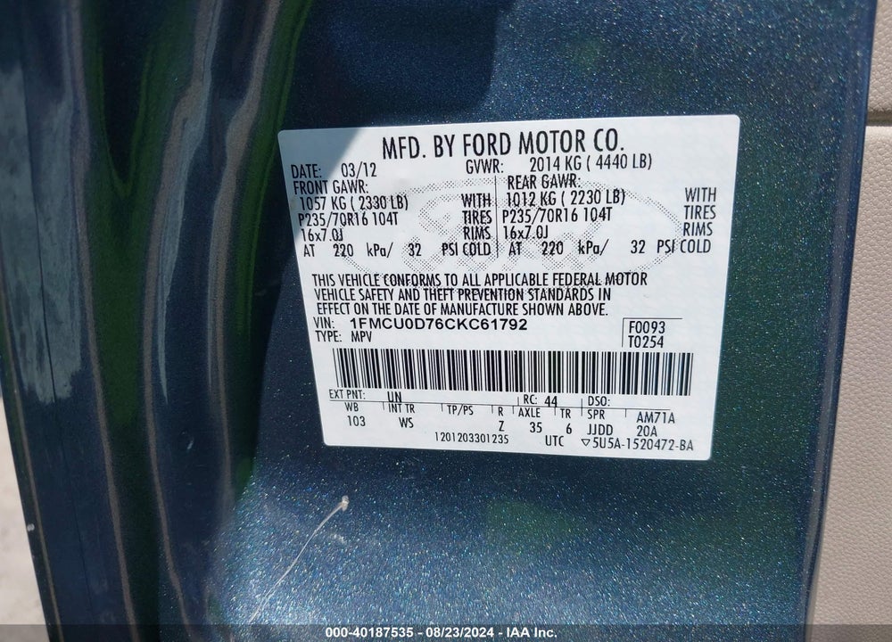 2012 FORD ESCAPE XLT VIN: 1FMCU0D76CKC61792