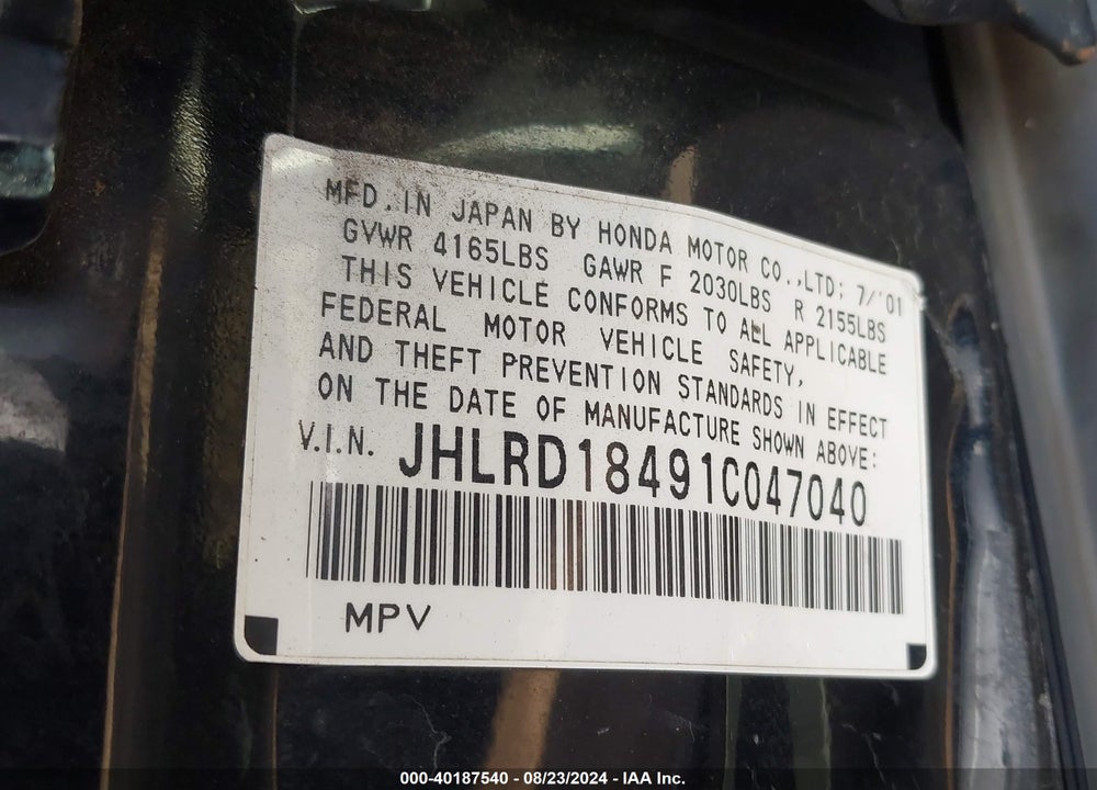 2001 HONDA CR-V LX VIN: JHLRD18491C047040