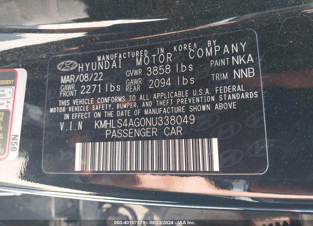 2022 HYUNDAI ELANTRA SEL VIN: KMHLS4AG0NU338049