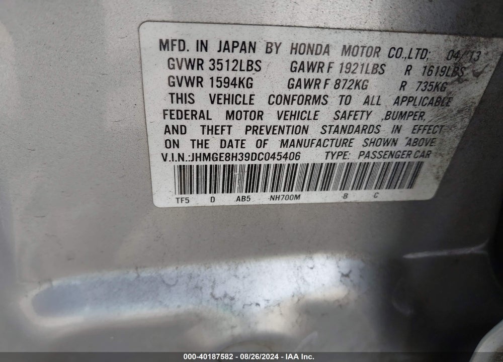 2013 HONDA FIT VIN: JHMGE8H39DC045406