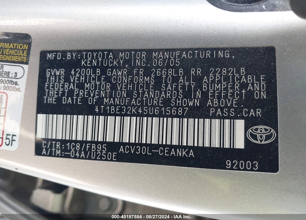 2005 TOYOTA CAMRY LE VIN: 4T1BE32K45U615687