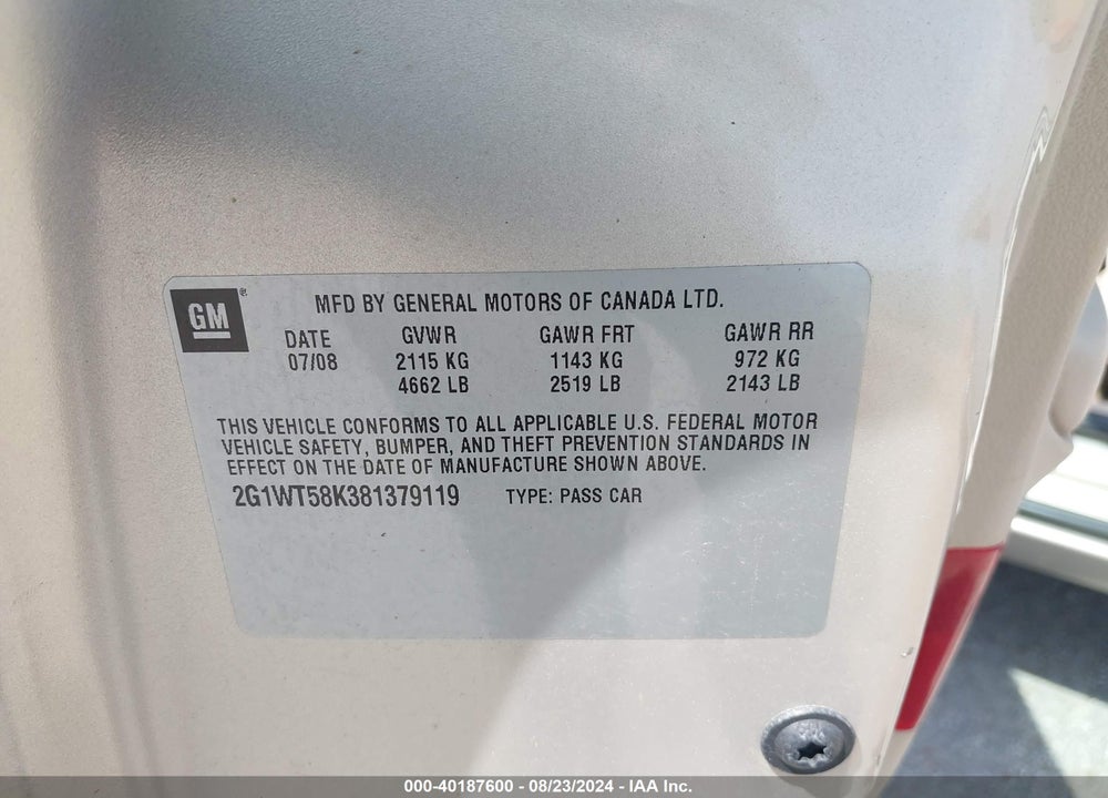 2008 CHEVROLET IMPALA LT VIN: 2G1WT58K381379119