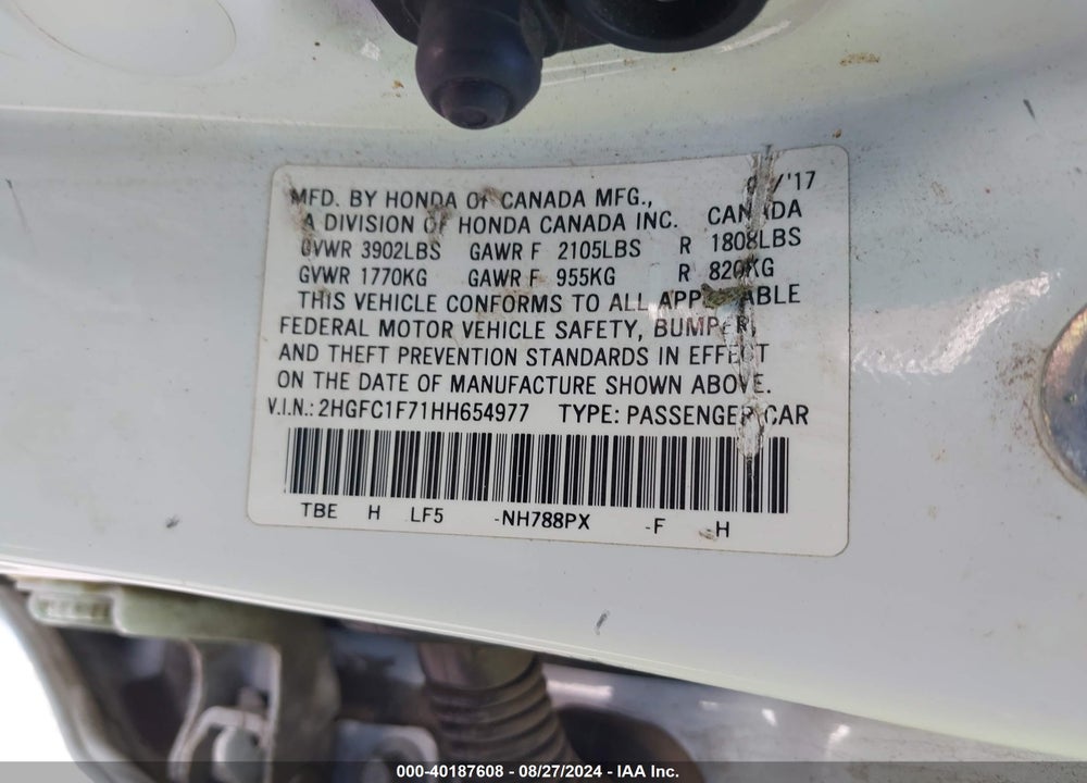 2017 HONDA CIVIC EX-L VIN: 2HGFC1F71HH654977