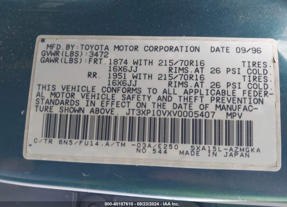 1997 TOYOTA RAV4 VIN: JT3XP10VXV0005407