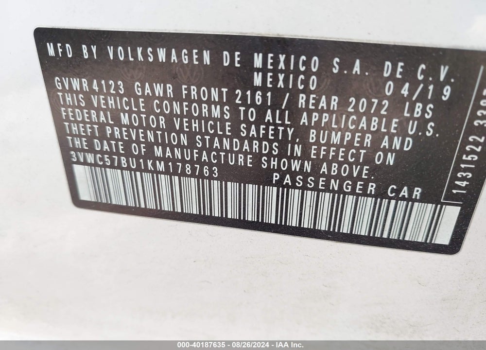 2019 VOLKSWAGEN JETTA 1.4T R-LINE/1.4T S/1.4T SE VIN: 3VWC57BU1KM178763