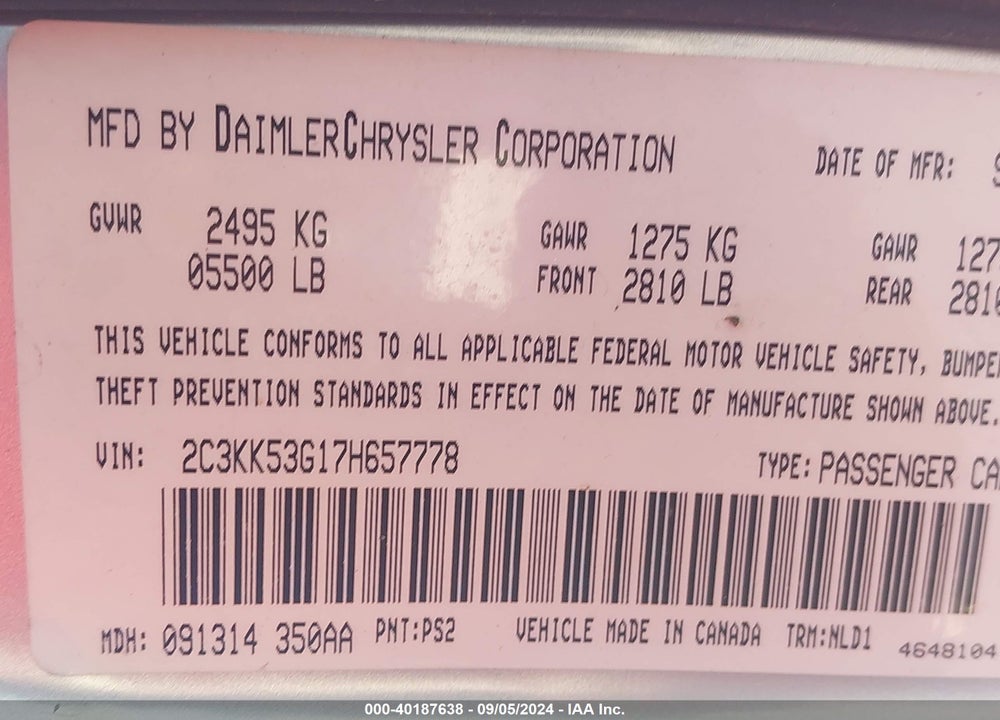 2007 CHRYSLER 300 TOURING VIN: 2C3KK53G17H657778