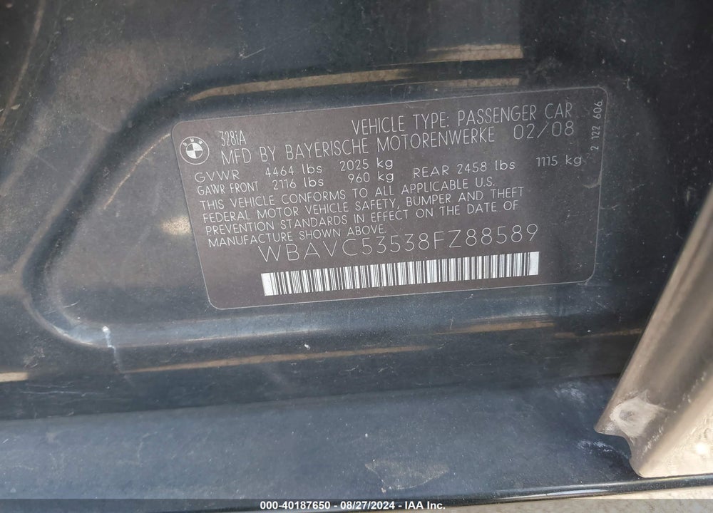 2008 BMW 328I VIN: WBAVC53538FZ88589