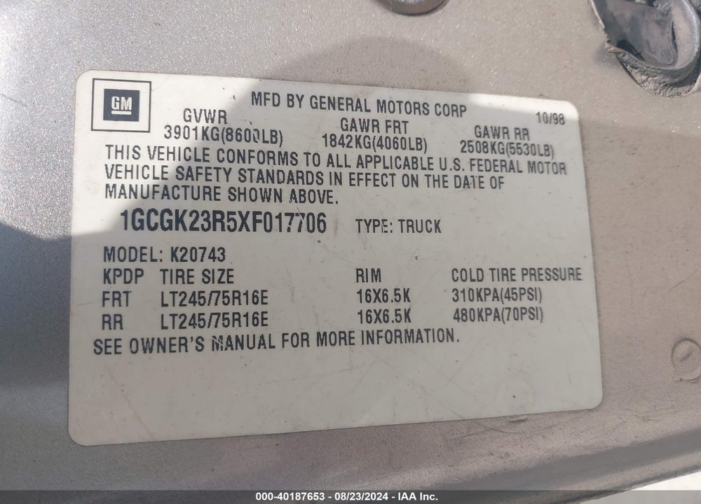 1999 CHEVROLET K2500 VIN: 1GCGK23R5XF017706