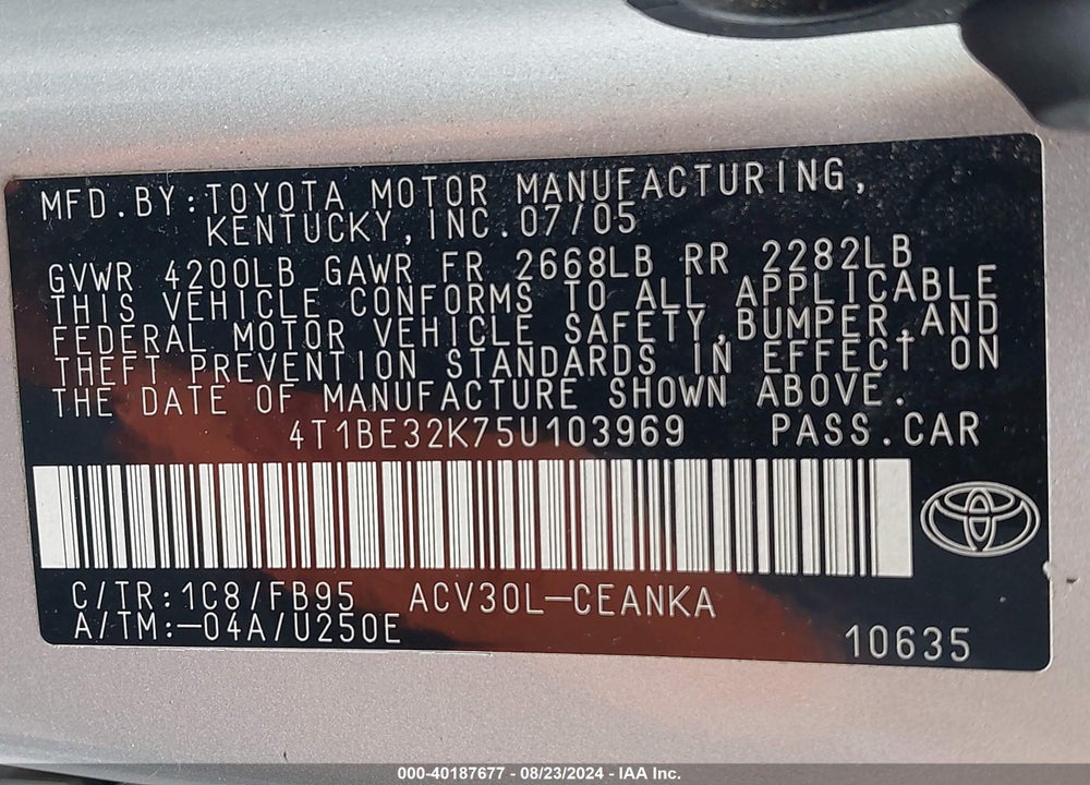 2005 TOYOTA CAMRY LE VIN: 4T1BE32K75U103969