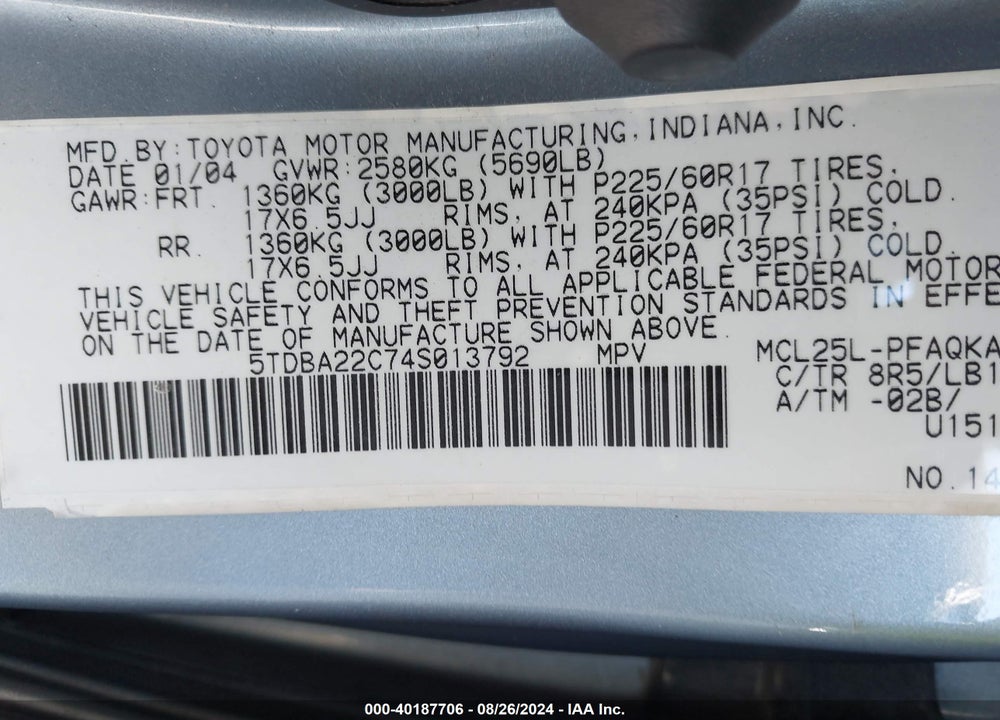 2004 TOYOTA SIENNA VIN: 5TDBA22C74S013792