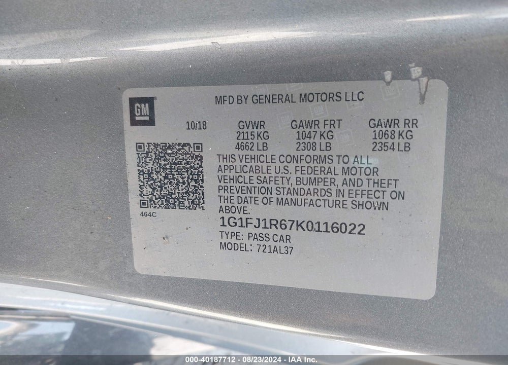 2019 CHEVROLET CAMARO ZL1 VIN: 1G1FJ1R67K0116022