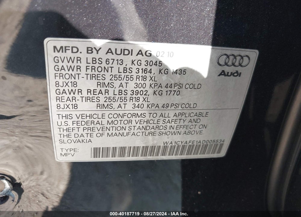 2010 AUDI Q7 3.6 PREMIUM VIN: WA1CYAFE1AD005534