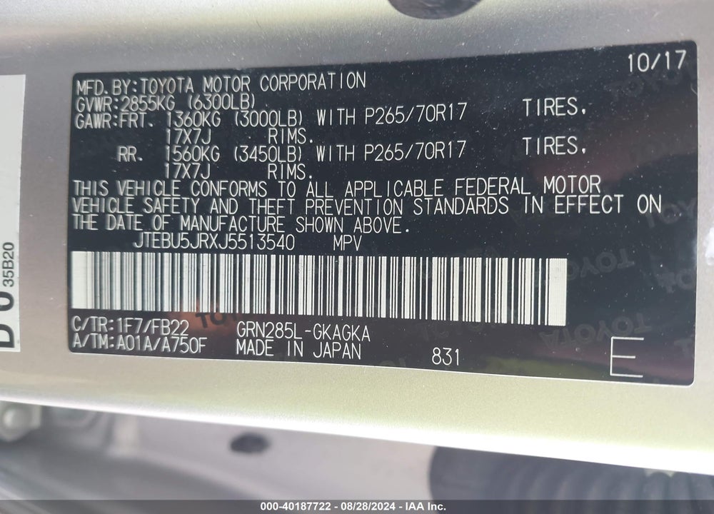 2018 TOYOTA 4RUNNER SR5 VIN: JTEBU5JRXJ5513540