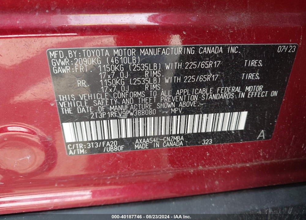 2023 TOYOTA RAV4 XLE VIN: 2T3P1RFV9PW388080