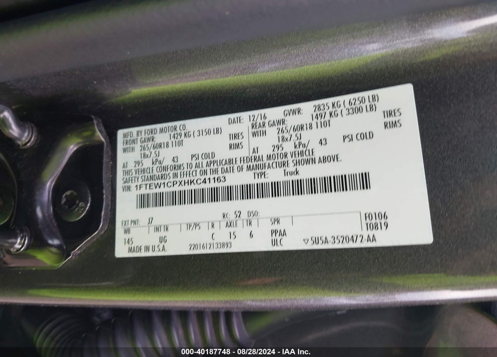 2017 FORD F-150 XLT VIN: 1FTEW1CPXHKC41163