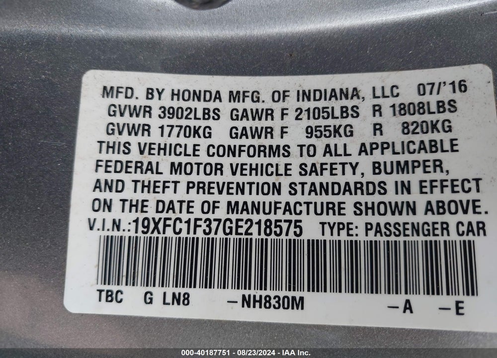 2016 HONDA CIVIC EX-T VIN: 19XFC1F37GE218575