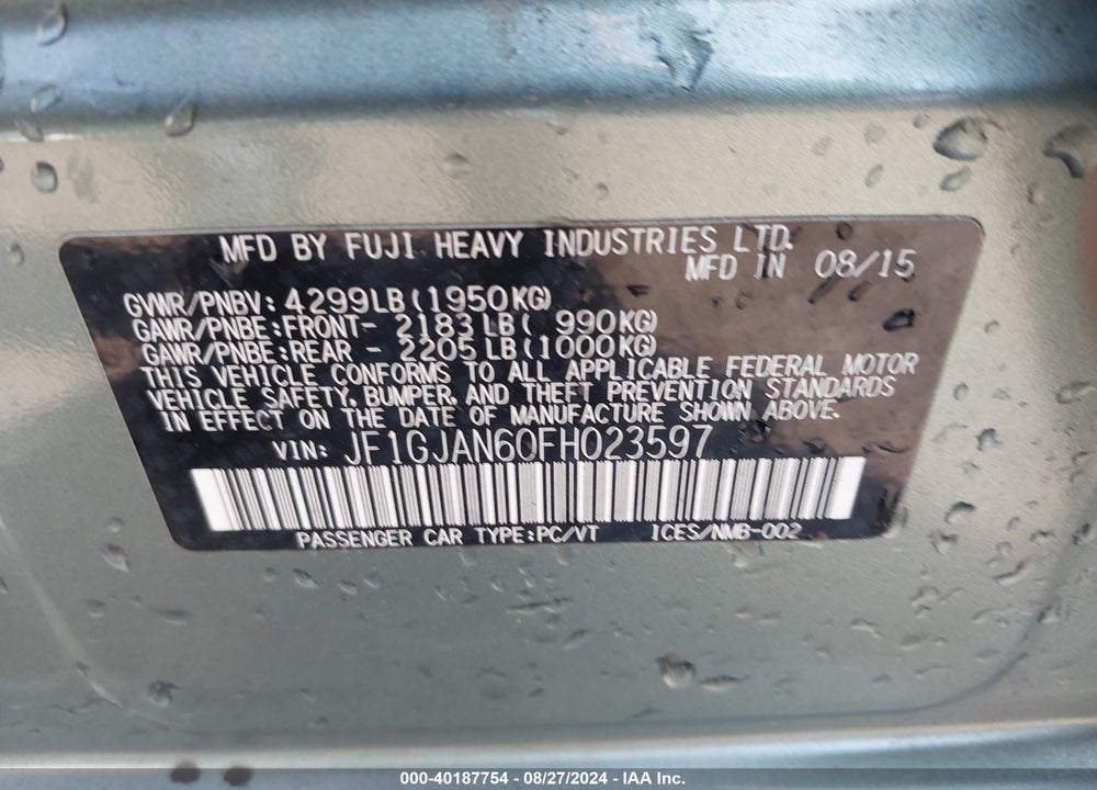 2015 SUBARU IMPREZA VIN: JF1GJAN60FH023597