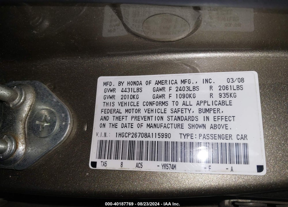 2008 HONDA ACCORD 2.4 EX VIN: 1HGCP26708A115990