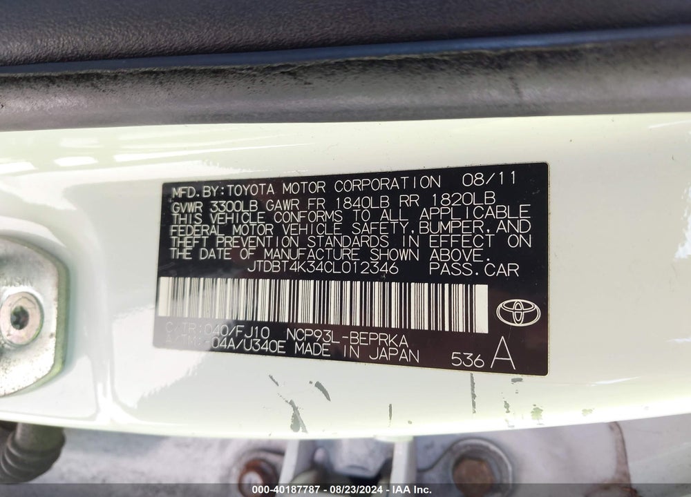 2012 TOYOTA YARIS VIN: JTDBT4K34CL012346