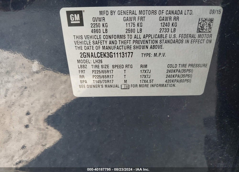 2016 CHEVROLET EQUINOX LT VIN: 2GNALCEK3G1113177