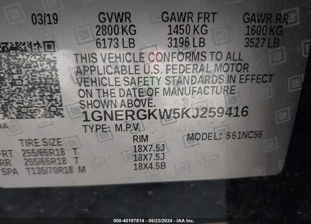 2019 CHEVROLET TRAVERSE 1LT VIN: 1GNERGKW5KJ259416