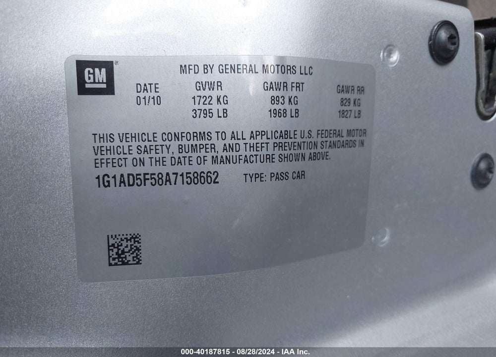 2010 CHEVROLET COBALT LT VIN: 1G1AD5F58A7158662