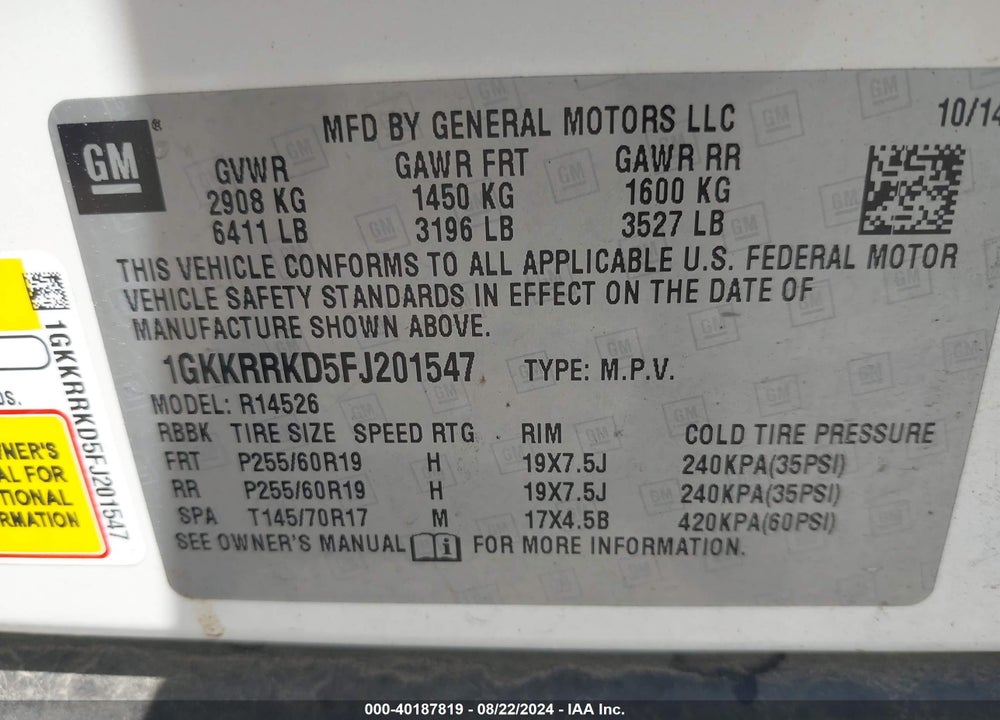2015 GMC ACADIA SLT-1 VIN: 1GKKRRKD5FJ201547