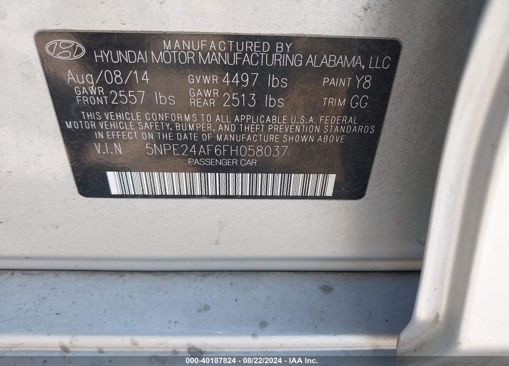 2015 HYUNDAI SONATA SE VIN: 5NPE24AF6FH058037