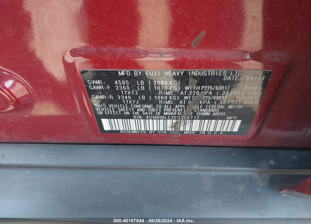 2014 SUBARU OUTBACK 2.5I LIMITED VIN: 4S4BRBLC2E3308112